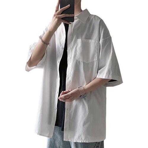 Men's Plain Color Collared Shirt Korean Style Trendy Summer New Short Sleeve Collar Shirt Loose Plus Size Thin Sports Style Jacket