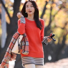 秋冬新款女装羊毛中长款针织衫女套头圆领修身打底毛衣裙百搭上衣
