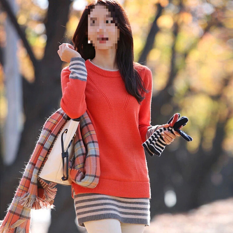 秋冬新款女装羊毛中长款针织衫女套头圆领修身打底毛衣裙百搭上衣