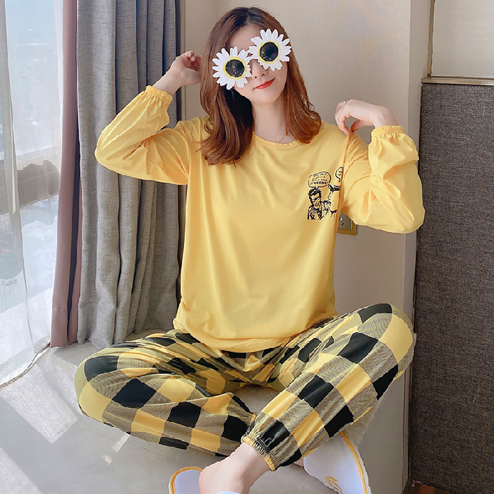 긴 소매 번들 소매 QQ 노란색 격자 무늬