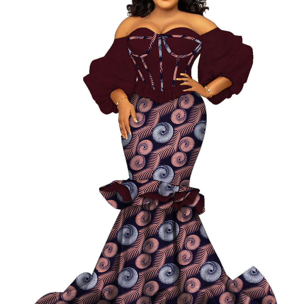 African women's strapless off-shoulder African print floor-length lantern sleeve dress wedding dress African ladies' dress