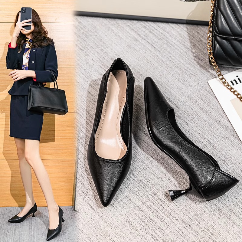 Flight Occupants High Heels Stiletto Heel Comfortable Soft Sole Professional Women's Shoes Workwear Mid-Heel Soft Leather Work Shoes Black Pointed Shoes
