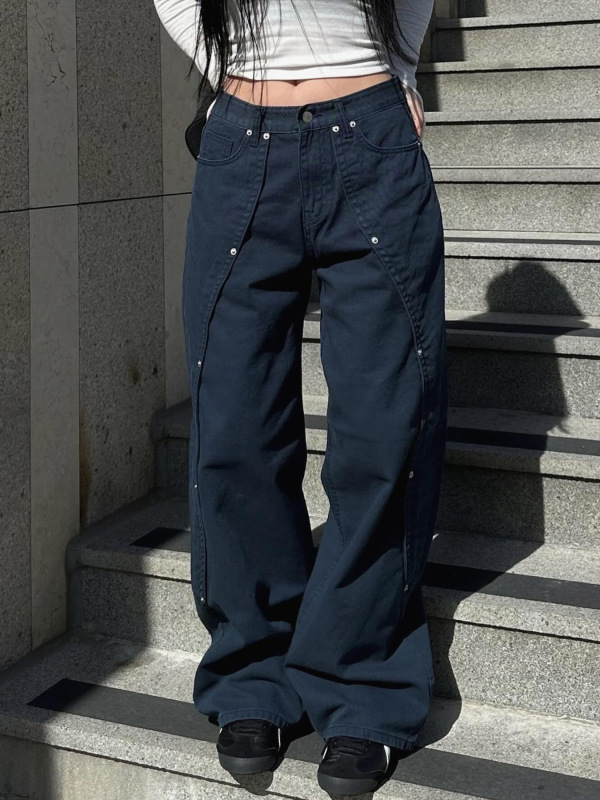 美式街头酷妹铆钉设计感不规则牛仔裤女跨境低腰宽松直筒休闲长裤|undefined