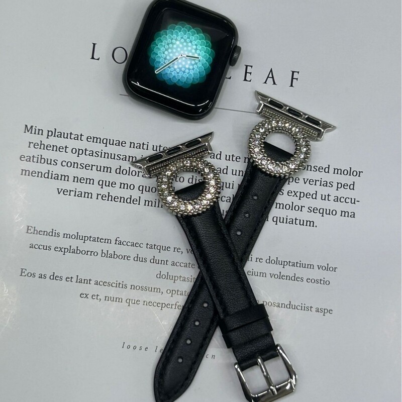 Suitable for Apple Watch, Black Leather Strap, Diamond-Encrusted Ring Buckle, Personalized Smart Wristband, Manufacturer's Supply Source