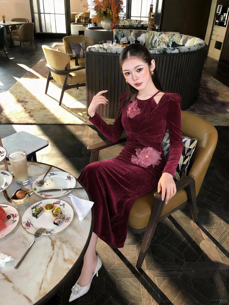 Đầm ôm body nữ thiết kế rỗng hoa lập thể phong cách Pháp — màu sắc chi tiết 9