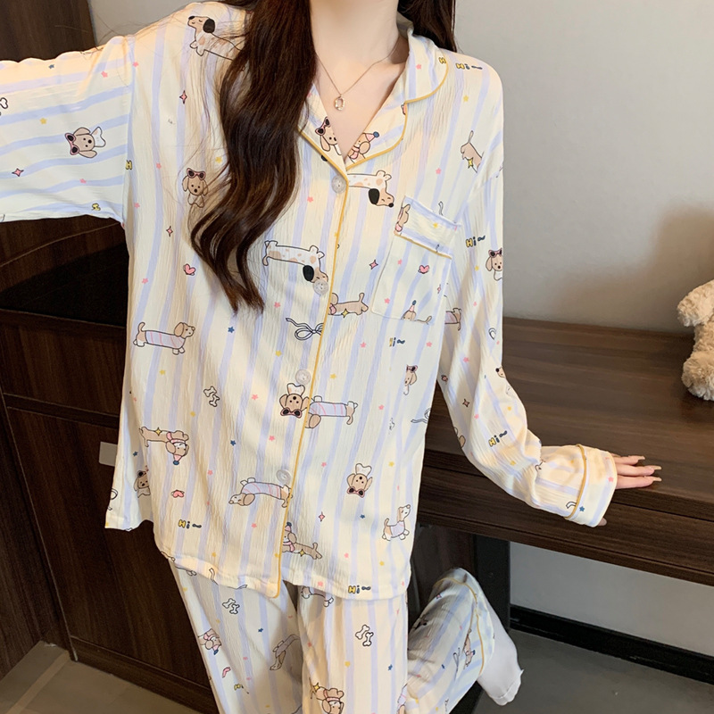 韩系高颜值ins风条纹小狗皱布睡衣女春秋季家居服套装可外穿批发|undefined