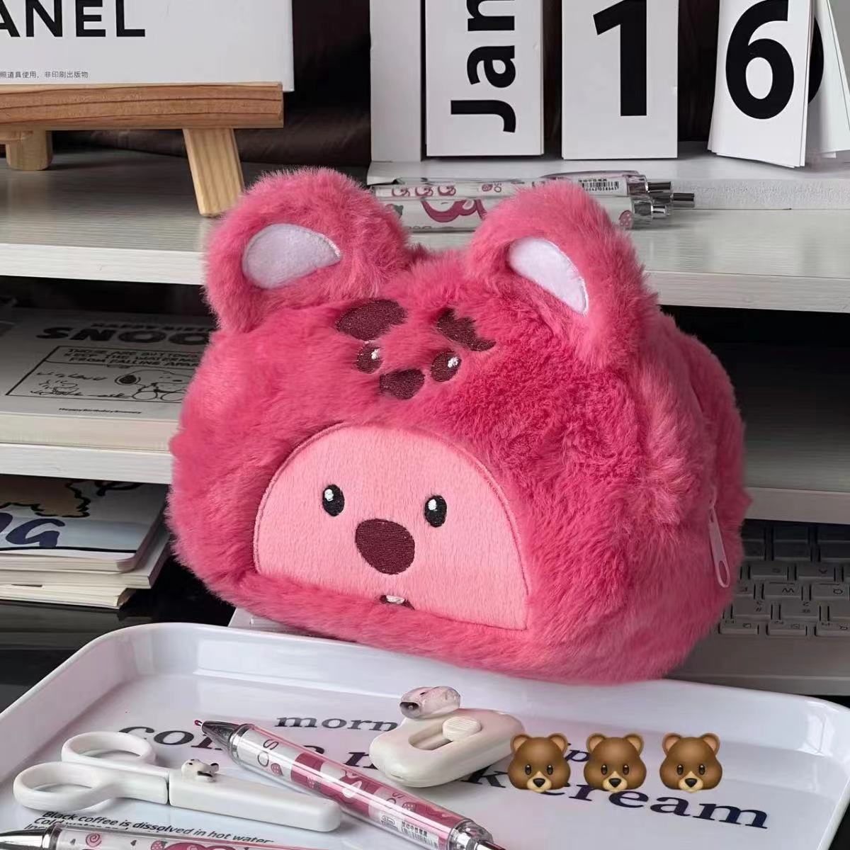 Strawberry, pencil case, raccoon