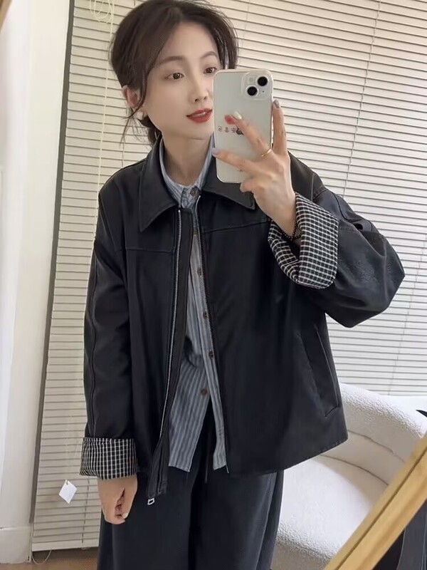 高级感拼接格子翻领黑色皮衣外套女春秋新款休闲百搭PU皮夹克上衣|undefined