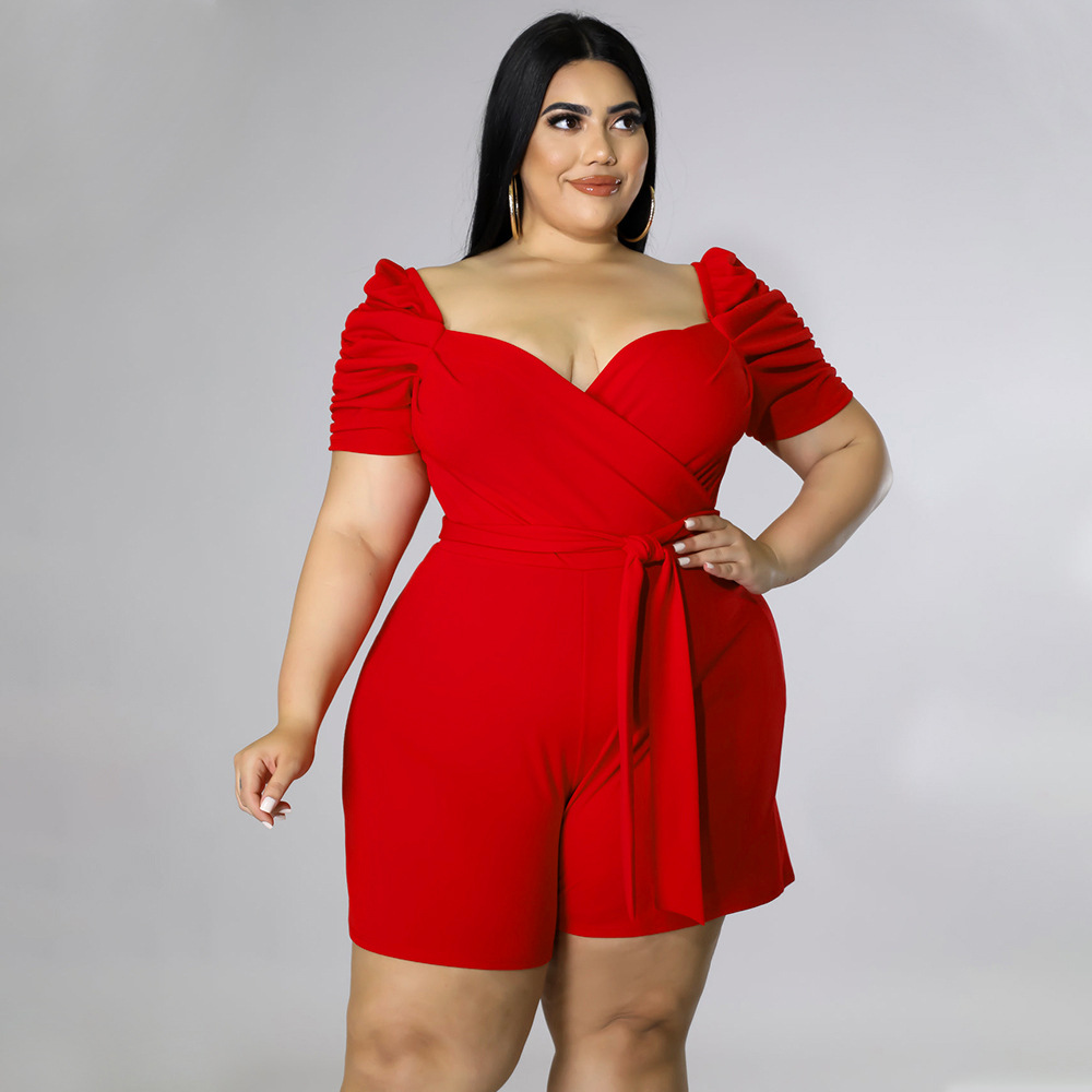 plus size low-cut puff sleeve lace-up solid color jumpsuit NSLNW122670