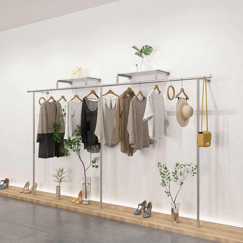 服装店展示架不锈钢拉丝上墙落地挂衣杆男女童装店专用货架陈列架