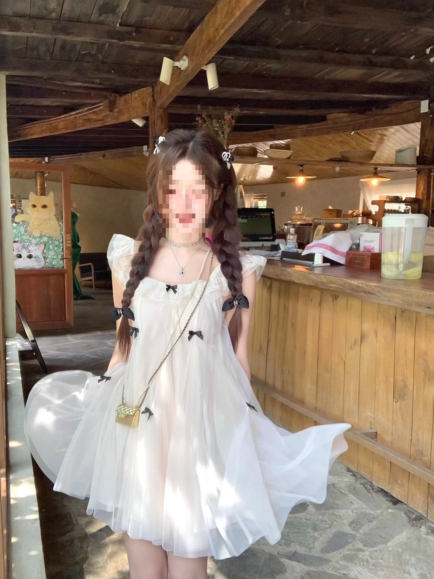 Sweet Tulle Elegant Lace Short-Sleeved Dress 2025 Summer New Style Small Fresh Bow Showing Skirt