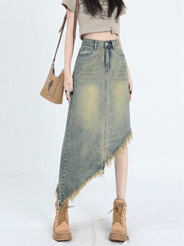 Retro high-waisted A-line denim skirt skirt for women summer irregular design long skirt for small people tassel skirt