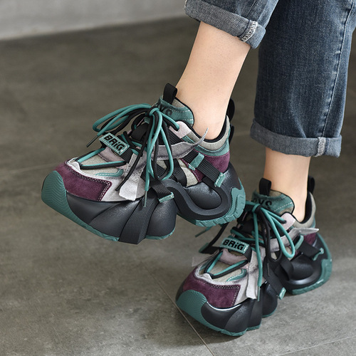 2024 spring new thick-soled dad shoes for women, casual genuine leather versatile lace-up low-top shoes, design sports shoes for women