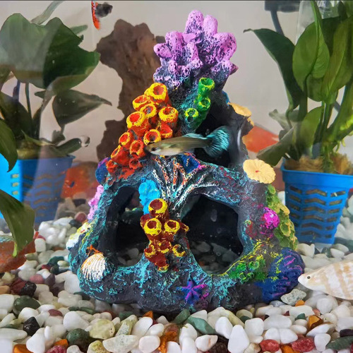 Fish tank landscaping to hide in the cave, fish and shrimp to hide and play, simulated cave resin decorations, crawling pet shelter house