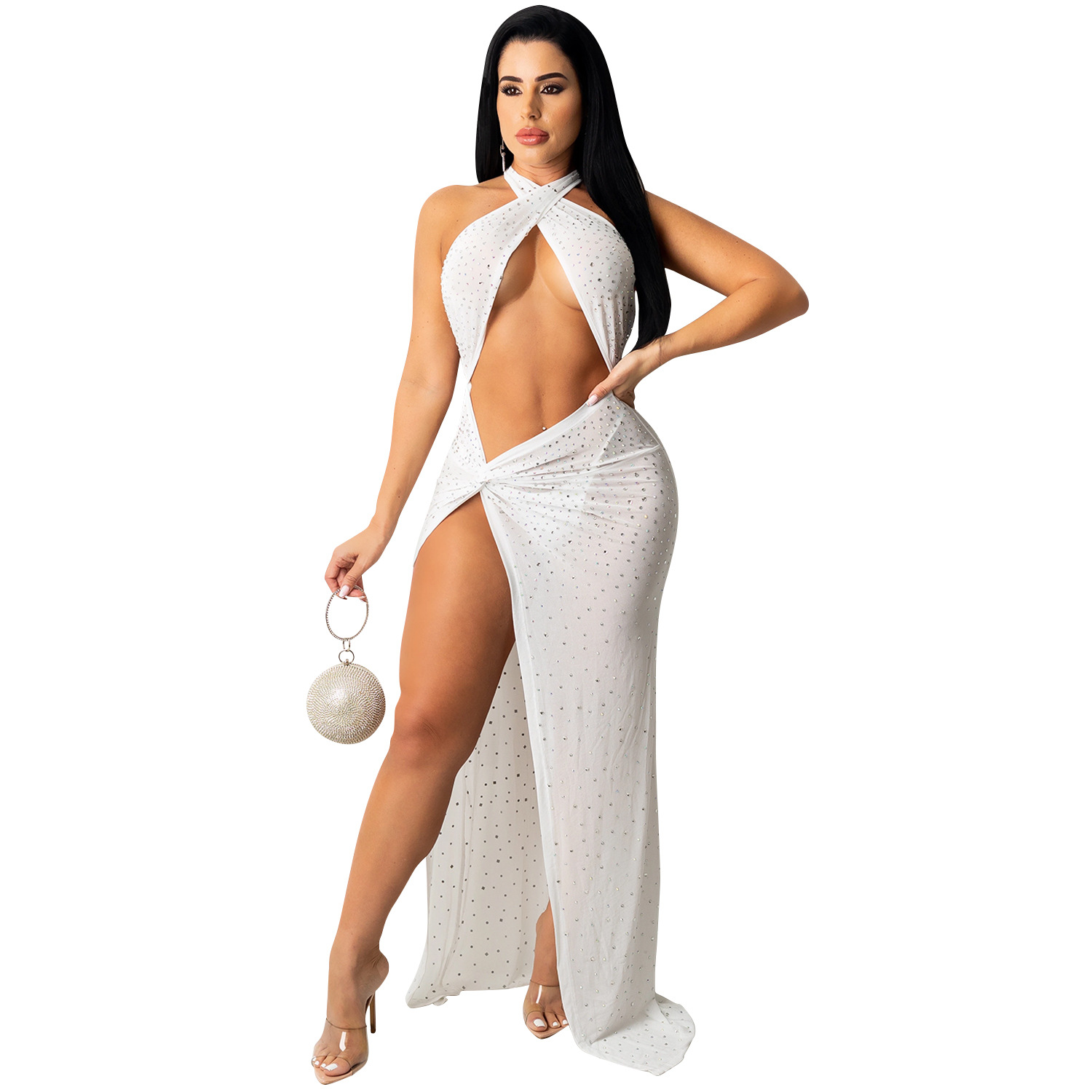 X5326 transfronterizo europeo y americano nuevo club nocturno sexy rhinestone diamante incrustado malla ver-a través de las mujeres envuelto pecho partido vestido image 7