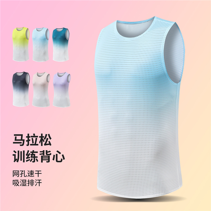 Ice silk marathon running vest, unisex design, gradient color, professional athletic racing T-shirt, quick-drying fitness apparel, customizable
