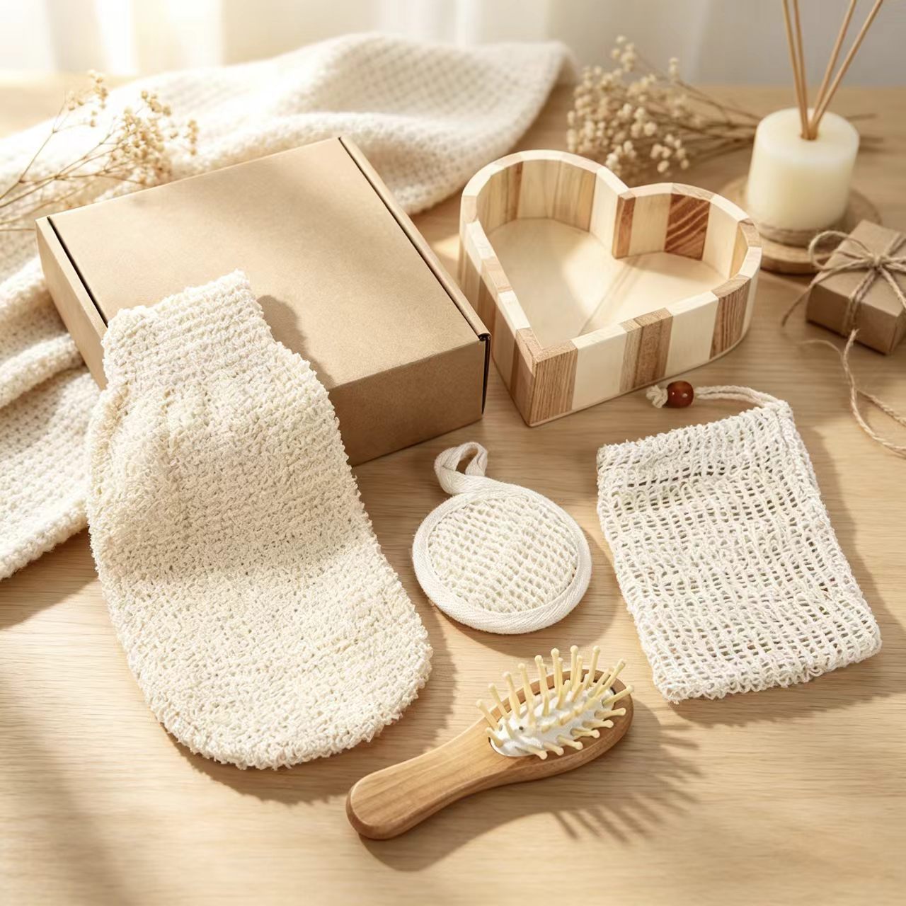 Set de Baño de Madera con Corazón de Madera de Masaje para Baño y Regalo