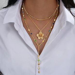 European and American cross-border new ins exquisite Y-shaped color diamond flower necklace set light luxury stackable two-piece necklace wholesale