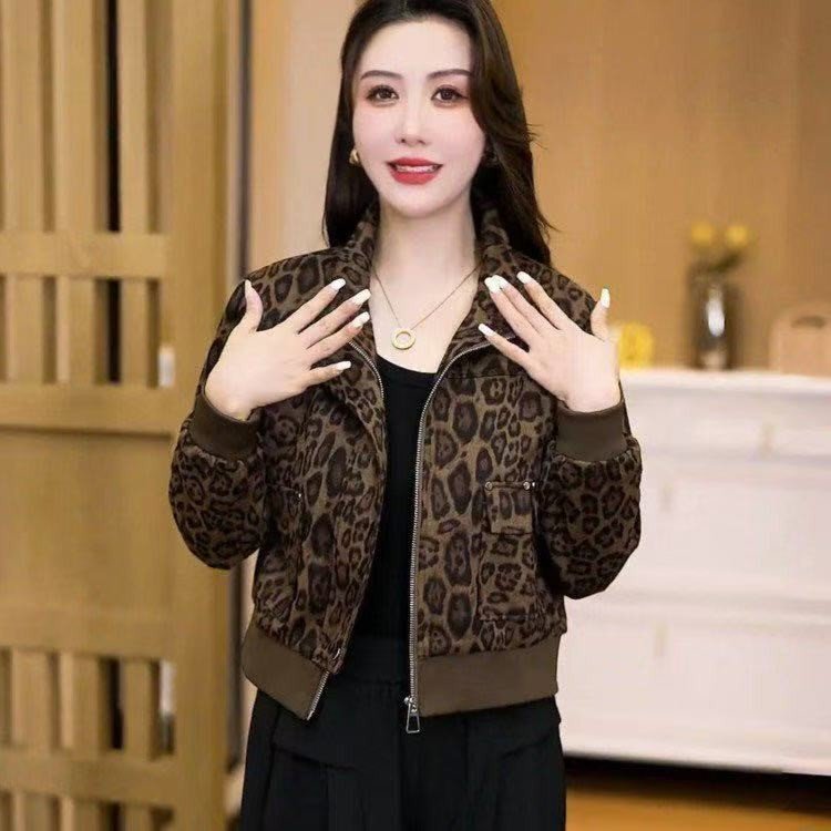 一件代发2025秋季新款时尚宽松豹纹拉链立领长袖女装外套上衣女|undefined