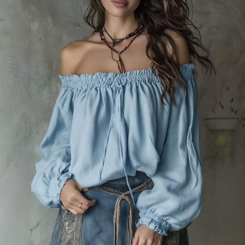 2026 Cross-Border European and American New Style One-Shoulder Top with Puff Sleeves, Elastic Collar, Faux Drawstring Design, Fashionable and Elegant Long Sleeves 2026 Cross-Border European and American New Style One-Shoulder Top with Puff Sleeves, Elastic Collar, Faux Drawstring Design, Fashionable and Elegant Long Sleeves