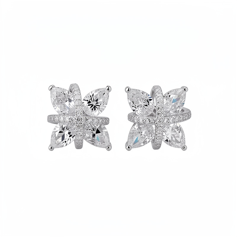 Piedra de diamante de diamante de flores cruzadas orejetas para mujeres sin agujeros de orejas personales pendientes de nicho ligeros de lujo alta sensación de orejas al por mayor