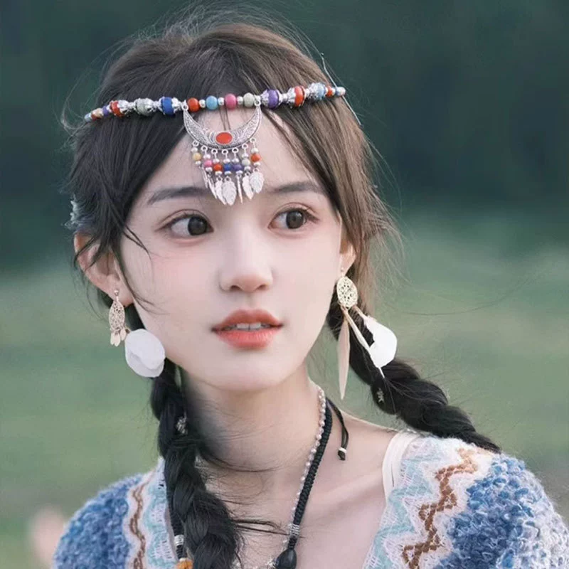 Ретро этнический ветер полумесяц листья с кисточками на лбу, экзотические тибетские головные уборы
