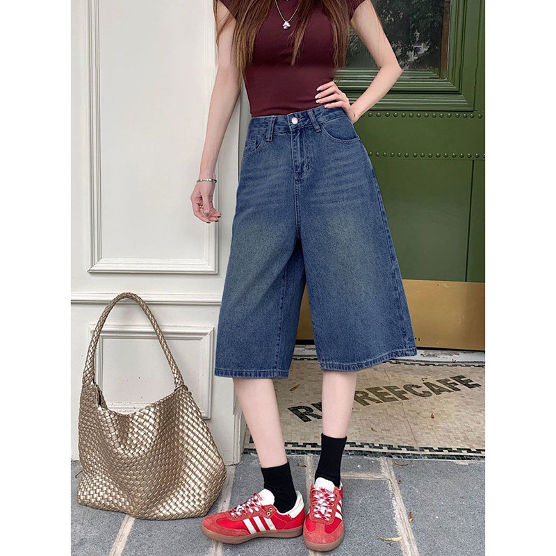 Street-Style High-Waisted Straight-Leg Denim Shorts for Women, New Spring/Summer Loose Wide-Leg Jeans, Trendy Street-Style High-Waisted Straight-Leg Denim Shorts for Women, New Spring/Summer Loose Wide-Leg Jeans, Trendy