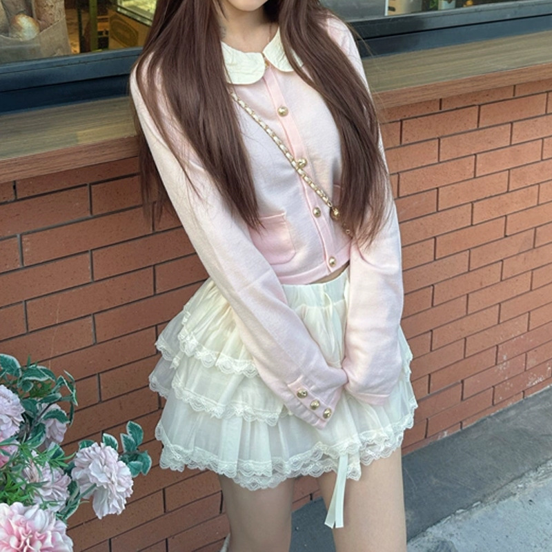 槿一 奶油小香 粉色小香可拆卸娃娃领针织开衫外套早秋上衣甜美风