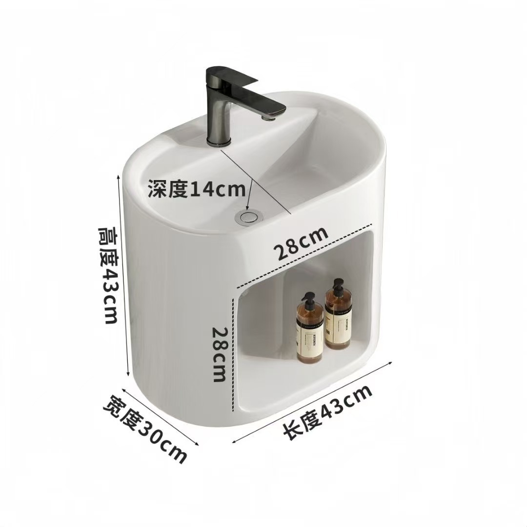 Lavabo de pared para apartamento pequeño, lavabo de cerámica integrado, balcón de baño con compartimiento de almacenamiento, lavabo