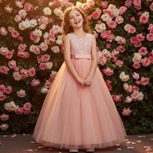儿童礼服裙童装中大童蕾丝网纱婚纱高档长款蓬蓬裙背心无袖连衣裙