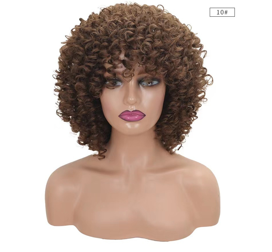 Peluca europea y americana transfronteriza peluca femenina fábrica al por mayor Africana pequeña cabeza de explosión de pelo rizado multicolor Peluca de fibra química cubierta de la cabeza completa