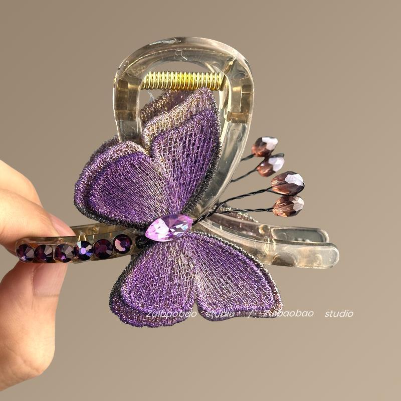 春の蝶の気質レトロスタイル刺繍蝶クリップ後頭部半分結びシャーククリップヘアアクセサリー旅行ヘアピン|undefined