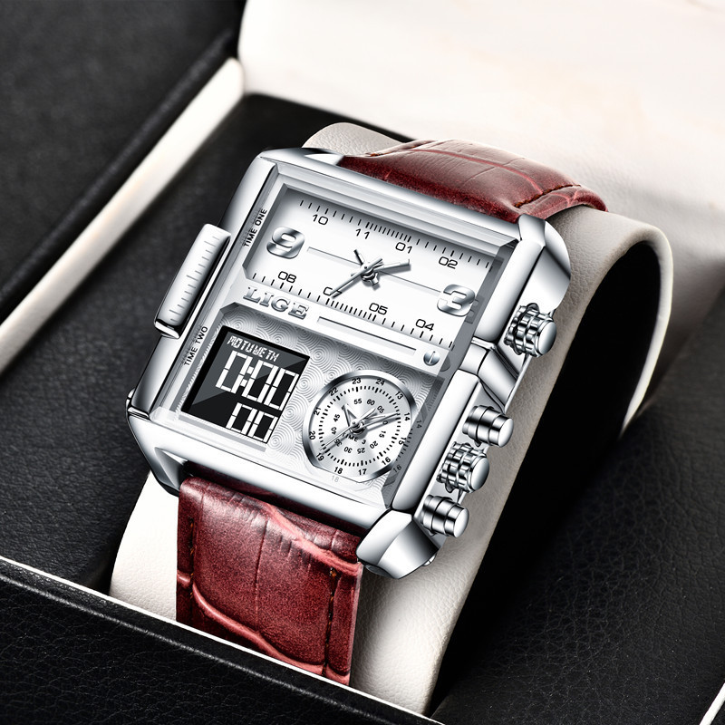 Double Display Watch Men's Large Dial Square Trendy Business Calendar Quartz Watch Men's Waterproof Luminous Cross-border Explosions