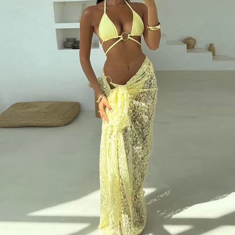 European and American New Style Amazon Lace Long Skirt Three-Piece Bikini Set Solid Color in Stock Hot-Selling Beachwear 2026