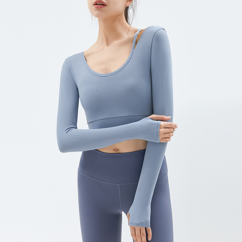 European and American New Yoga Clothing Women's Long-sleeved T-shirt Naked Tight-fitting with Chest Mat Fitness Clothing Beautiful Back Running Sports Top