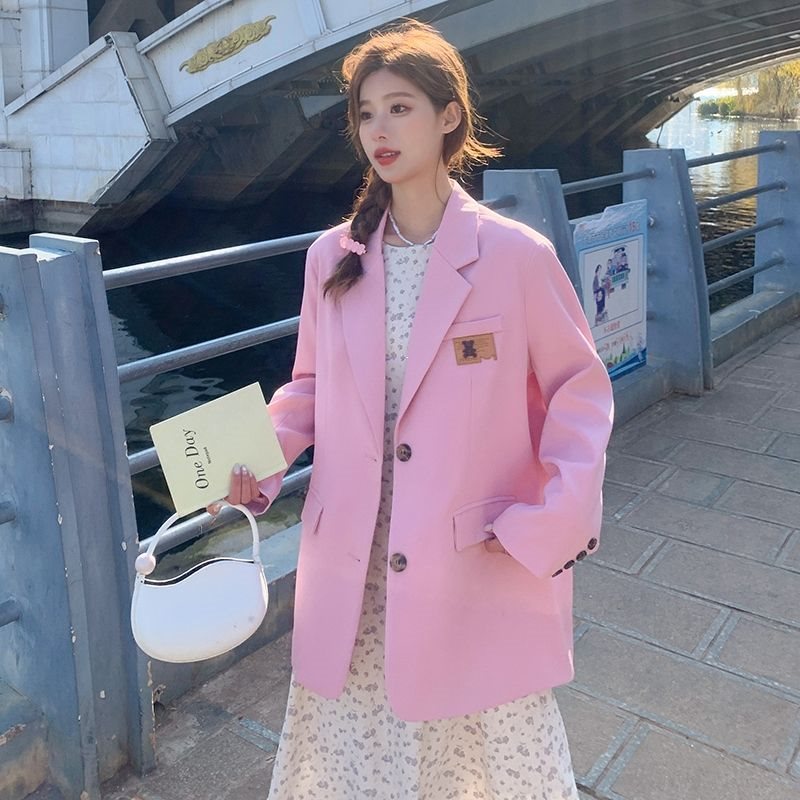 Pink women's suit jacket, spring and autumn 2025 new Korean style sweet college style petite loose design suit jacket