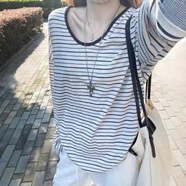 韩版松弛感休闲慵懒条纹长袖T恤女2025新款宽松显瘦遮肉春秋上衣