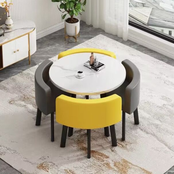 80CM 패턴 원형 테이블 + 노란색 2개 회색 가죽 의자 2개