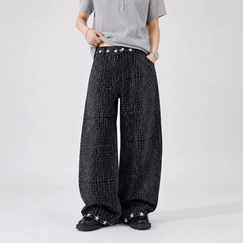 2026 American Retro Washed Star Crocodile Pattern Jeans 2026 Street Fashion Wide-Leg Scimitar Pants for Men and Women Trendy 2026 American Retro Washed Star Crocodile Pattern Jeans 2026 Street Fashion Wide-Leg Scimitar Pants for Men and Women Trendy