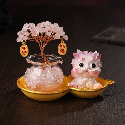 Home Entryway Desktop Wealth-Attracting – Car ornaments - pink-ingot-pixiu-pink-crystal-tree-gourd-base