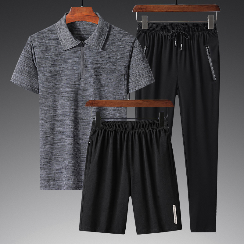 Summer New Short-sleeved Trousers Set Youth T-shirt Men's Polo Shirt Thin Loose Casual Three-piece Printed LOGO