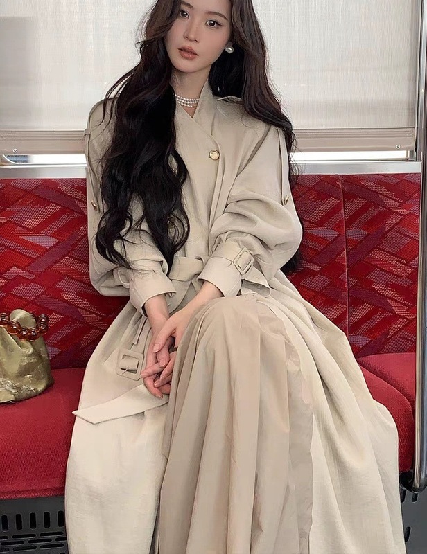 早秋穿搭巨好看风衣女2025新款高个子亚麻双排扣肩带长款大衣外套|undefined