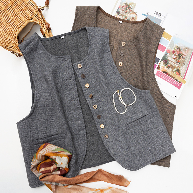 Plus High-End Woolen Vest for Layering, Versatile Round-Neck Retro Sleeveless Top Jacket for Women