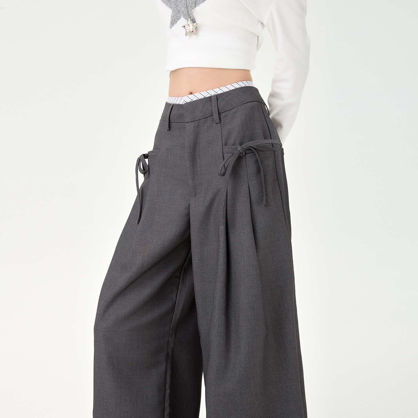 Real Shot of Korean Style Gray Bow-Tie Casual Pants for Women 2025 Draped Loose Straight Wide-Leg Suit Pants