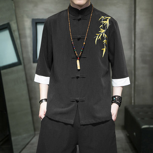 2025 New Summer Style Chinese Style Men's Bamboo Embroidered Short-Sleeved Shirt Large Size Stand-Up Collar Button-Down Tang Suit Shirt