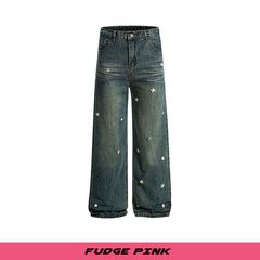 Fudge Pink 2025秋季New甜美少女趣味装饰宽松水洗牛仔长裤