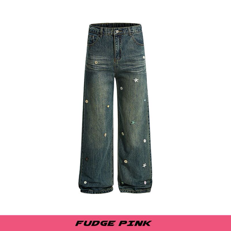 Fudge Pink 2025秋季New甜美少女趣味装饰宽松水洗牛仔长裤|undefined