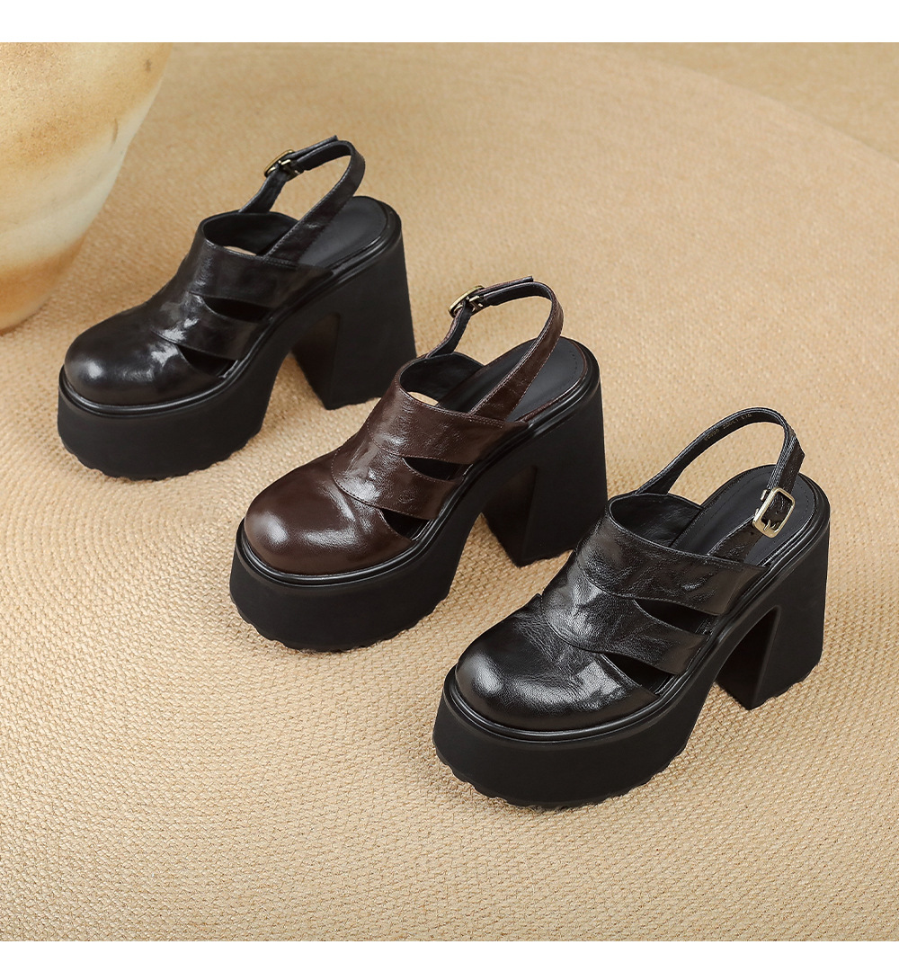 Sandal cao gót nữ đế dày quai ngang bọc da, gót 9 cm — màu nâu, màu đen chi tiết 15