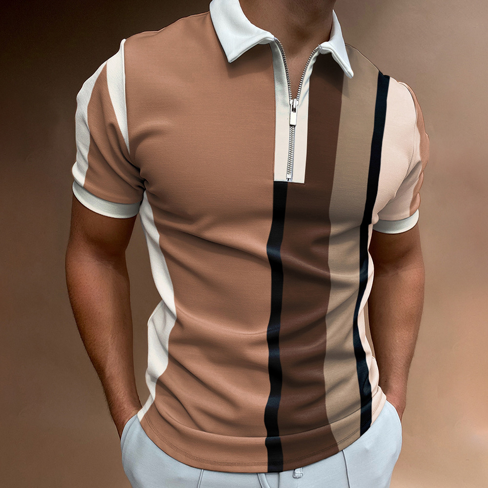 Camiseta Polo Casual de Manga Corta con Cuello Polo, Estilo Europeo y Americano, a Rayas Caqui, en Existencia, Popular en Europa y América