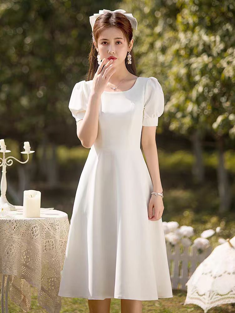 French Satin Mini Dress for Marriage Registration, Casual Engagement Dress, Light Wedding Dress, Suitable for Everyday Wear